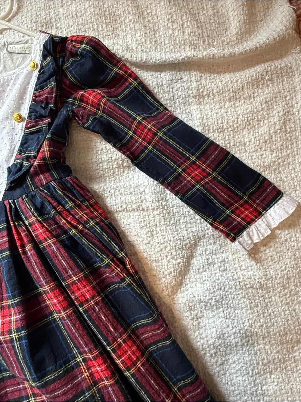 Girls Navy and Red Plaid Formal Dress with White Bib and Gold Buttons